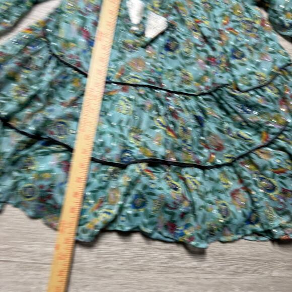 Free People Metallic Floral Midi Dress XS Puff Sleeve Light Blue Lined Oversized - Picture 9 of 9